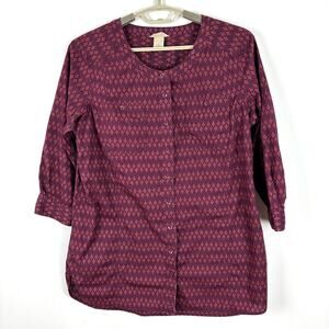 Duluth Trading Women's Free Range Cotton 3/4 Sleeve Tunic Maroon Red Print